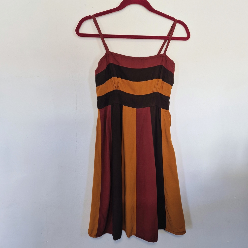 Striped Spaghetti Strap Mini Dress in Mustard, Burgundy & Brown